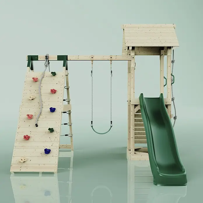 OutdoorToys Kinderspielturm Trondheim - L x B x H: 293 x 357 x 273 cm, Grün - Holzspielplatz mit Kletterwand, Schaukel, Spielturm und grüner Rutsche für draußen.