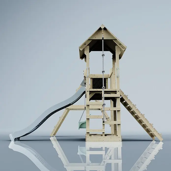 OutdoorToys Kinderspielturm Farö - L x B x H: 364 x 357 x 273 cm, Blau - Hölzerner Spielturm mit grauer Rutsche, Kletterseil, Leiter und kleiner grüner Schaukel.
