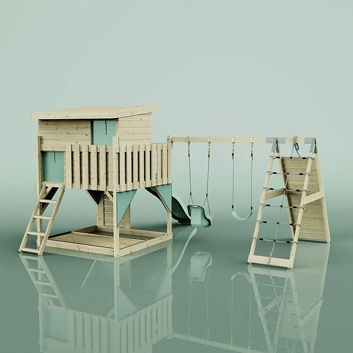 OutdoorToys Kinderspielturm Aksel - L x B x H: 469 x 415 x 261 cm, Grün - Spielplatz aus Holz mit Spielhaus, Rutsche, zwei Schaukeln und Kletternetz, in Naturholz und hellgrünen Akzenten.