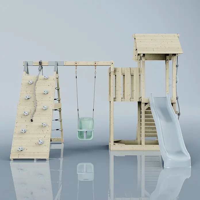 OutdoorToys Kinderspielturm Farö - L x B x H: 364 x 357 x 273 cm, Blau - Hölzernes Kinderspielset mit Kletterwand, hellgrüner Schaukel und hellblauer Rutsche, inklusive Spielturm.