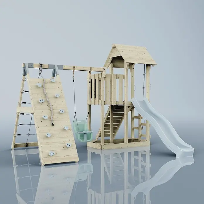 OutdoorToys Kinderspielturm Farö - L x B x H: 364 x 357 x 273 cm, Blau - Hölzernes Spielgerät mit Kletterwand, grüner Schaukel, Spielhaus, Treppe und weißer Rutsche.