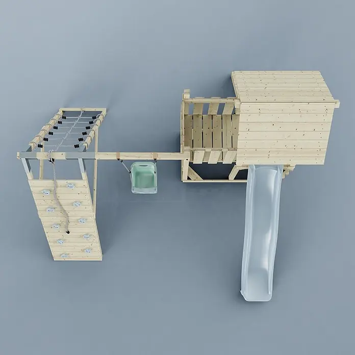OutdoorToys Kinderspielturm Farö - L x B x H: 364 x 357 x 273 cm, Blau - Holzspielplatz mit Turm, klarer Rutsche, Kletterwand, Netz und Eimerschaukel.
