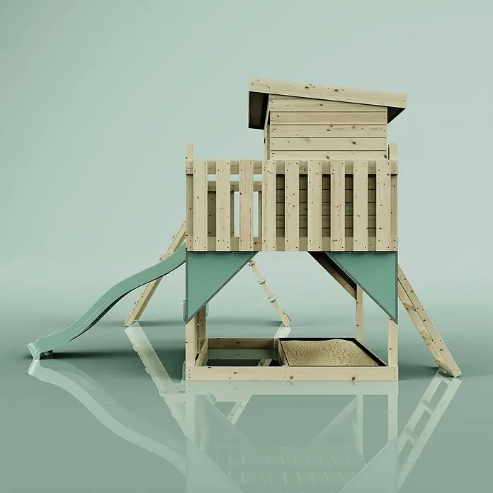 OutdoorToys Kinderspielturm Aksel - L x B x H: 469 x 415 x 261 cm, Grün - Hölzernes Spielhaus mit erhöhter Spielplattform, grüner Rutsche und integriertem Sandkasten.