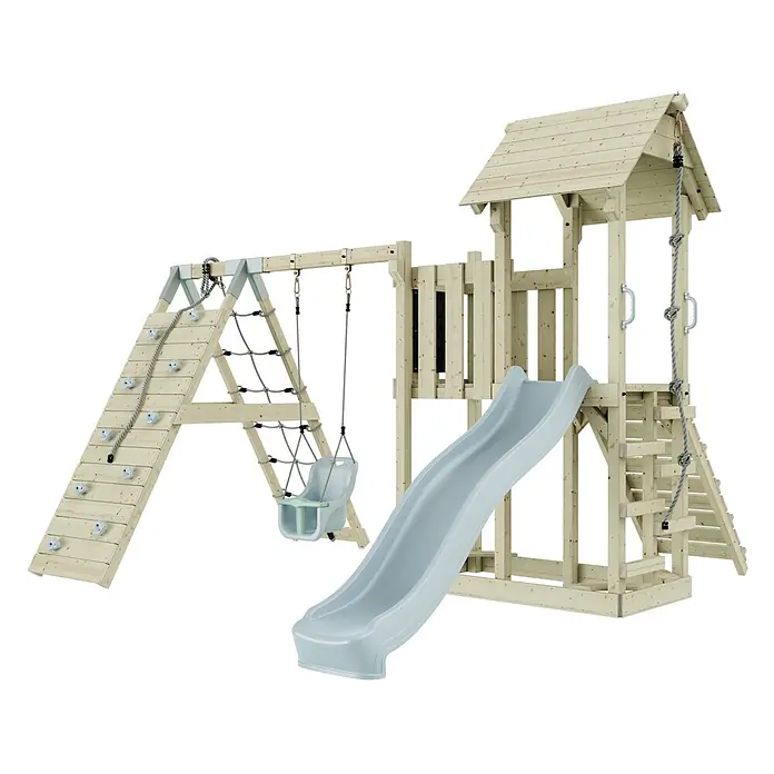 OutdoorToys Kinderspielturm Farö - L x B x H: 364 x 357 x 273 cm, Blau - Holzspielturm mit Kletterwand, Seilnetz, Rutsche und Schaukel.