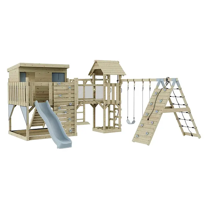 OutdoorToys Kinderspielturm Polarplay Malin - L x B x H: 562 x 503 x 274 cm, Blau - Spielturm aus hellem Holz mit Rutsche, Schaukeln, Kletterwand und Kletternetz, für draußen.