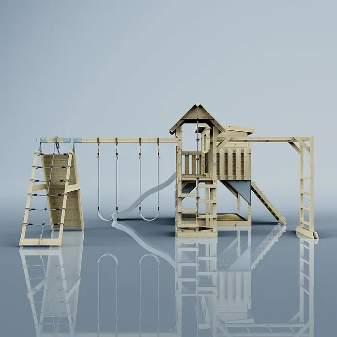 OutdoorToys Kinderspielturm Polarplay Malin - L x B x H: 562 x 503 x 274 cm, Blau - Hölzernes Kinderspielplatz-Set mit Turm, Rutsche, Kletternetz und zwei Schaukeln.