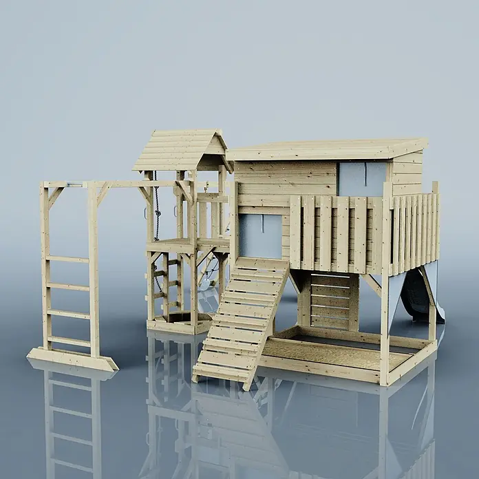 OutdoorToys Kinderspielturm Polarplay Malin - L x B x H: 562 x 503 x 274 cm, Blau - Hölzernes Kinderspielgerät: Spielhaus, Rutsche, Kletterseil, Reckstange und Leiter für aktives Spielen.