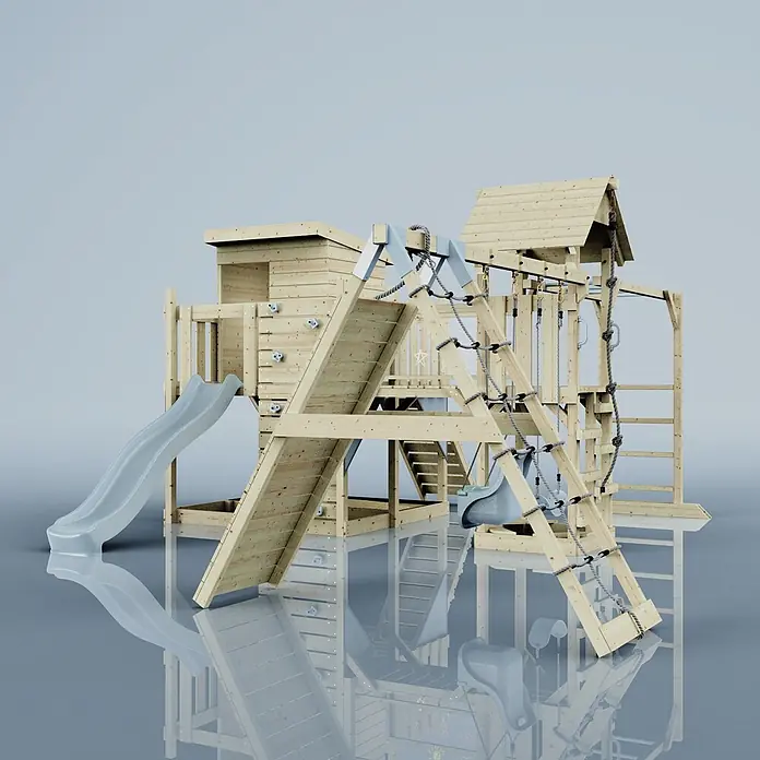 OutdoorToys Kinderspielturm Polarplay Lars - L x B x H: 562 x 503 x 274 cm, Blau - Umfassendes Spielgerät aus hellem Holz mit Rutsche, Kletterwand, Seilen und Schaukel.