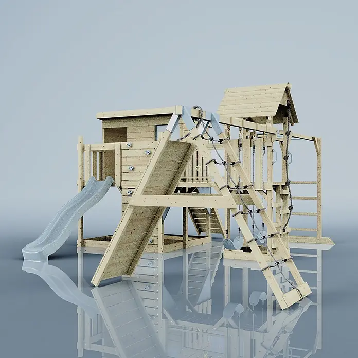 OutdoorToys Kinderspielturm Polarplay Malin - L x B x H: 562 x 503 x 274 cm, Blau - Holzspielplatz-Set mit Rutsche, Kletterwand und Strickleiter. Aus Naturholz mit grauen Akzenten für den Außenbereich.