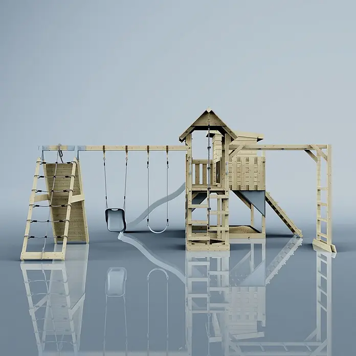 OutdoorToys Kinderspielturm Polarplay Lars - L x B x H: 562 x 503 x 274 cm, Blau - Spielplatz aus hellem Holz mit Schaukeln, Rutsche, Kletterwand und Turm.