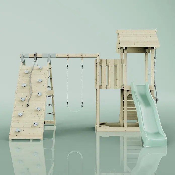 OutdoorToys Kinderspielturm Farö Kinderschaukel; - Holz, Grün - Hölzernes Outdoor-Spielgerüst mit Kletterwand, zwei Schaukeln, erhöhter Plattform mit Dach und grüner Rutsche.