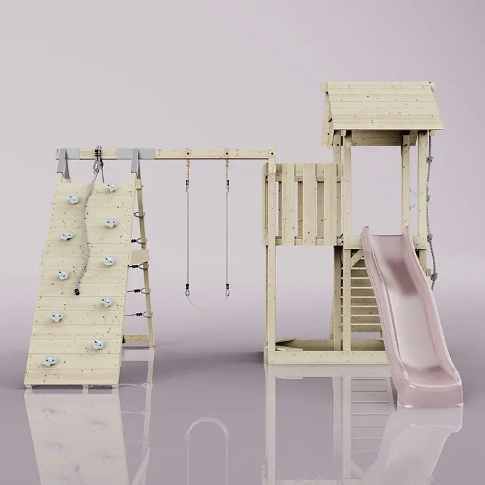 OutdoorToys Kinderspielturm Farö - L x B x H: 364 x 357 x 273 cm, Rosa - Hölzerner Spielturm mit Kletterwand, zwei Schaukeln, Spielhaus und pinker Rutsche.