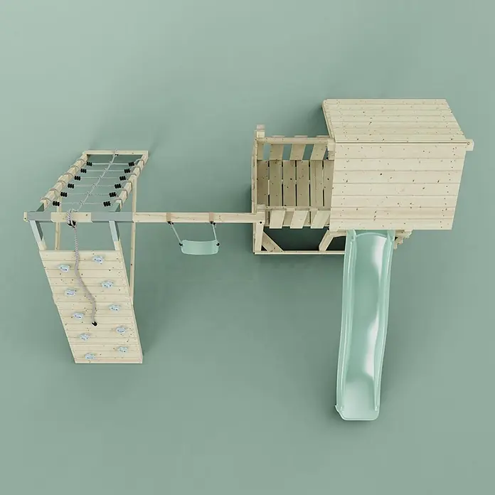 OutdoorToys Kinderspielturm Farö Kinderschaukel; - Holz, Grün - Hölzernes Outdoor-Spielset mit Kletterwand, Seilnetz, hellgrüner Schaukel, Spielhaus und Rutsche.