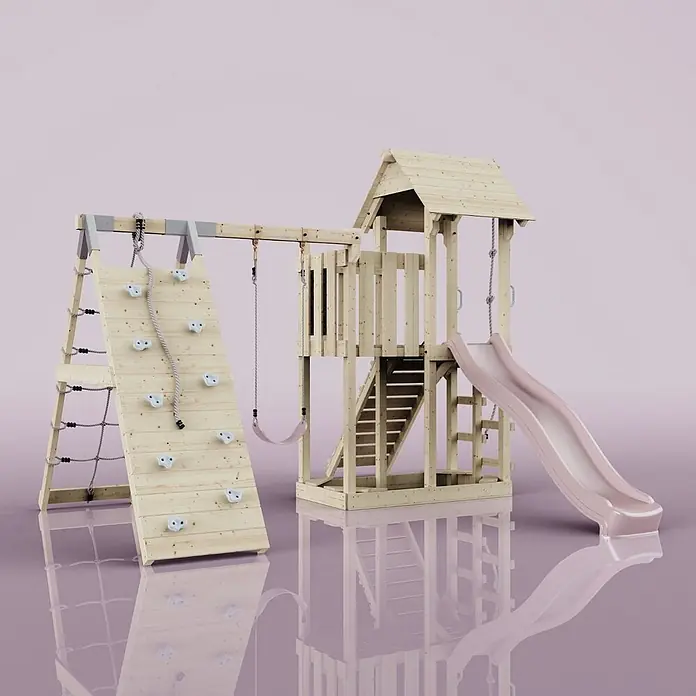 OutdoorToys Kinderspielturm Farö - L x B x H: 364 x 357 x 273 cm, Rosa - Hölzernes Kinderspielset mit Kletterwand, Seil, pinker Schaukel und pinker Rutsche, an einem Spielturm mit Treppe.