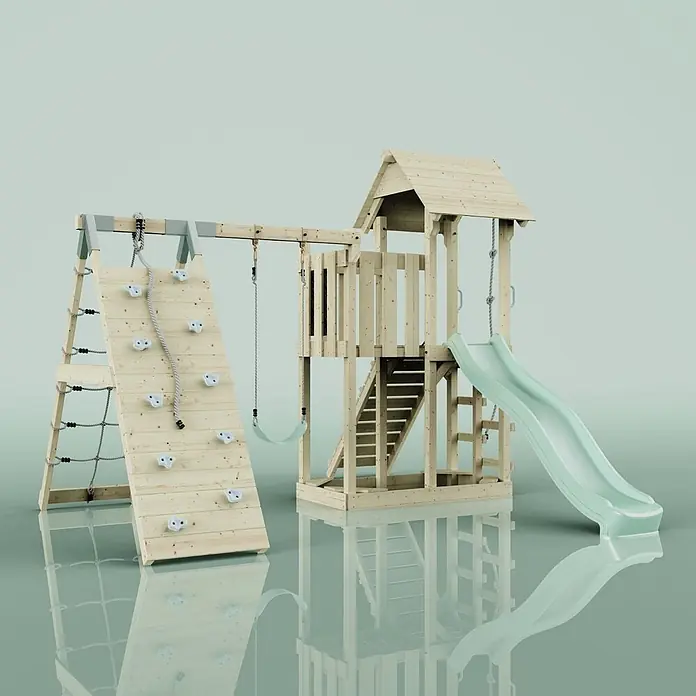 OutdoorToys Kinderspielturm Farö Kinderschaukel; - Holz, Grün - Holz-Kinderspielplatz mit Kletterwand, Schaukel, Turm und hellgrüner Rutsche.