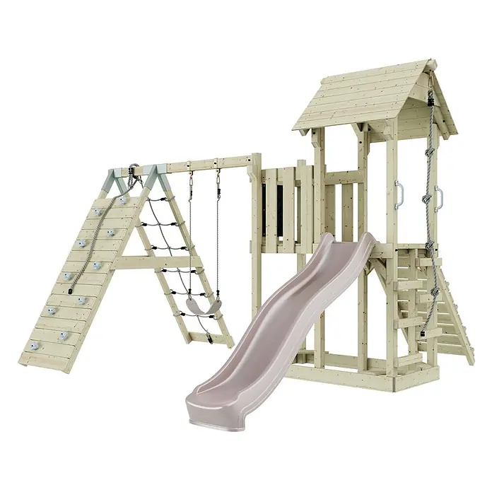 OutdoorToys Kinderspielturm Farö - L x B x H: 364 x 357 x 273 cm, Rosa - Hölzerner Spielplatz mit hellrosa Rutsche, Kletterwand, Seilnetz und Schaukel.