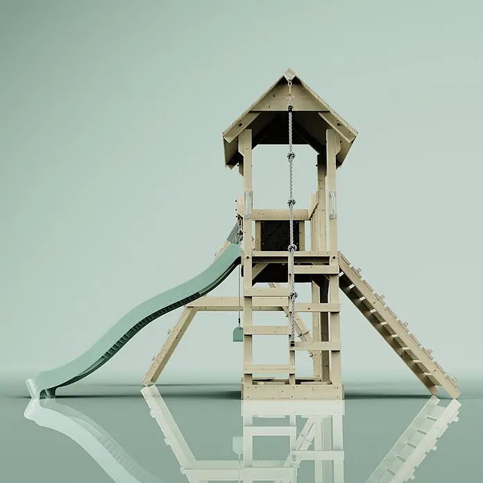OutdoorToys Kinderspielturm Farö Kinderschaukel; - Holz, Grün - Hölzerner Spielturm mit grüner Wellenrutsche, Leiter und Kletterseil für den Außenbereich.