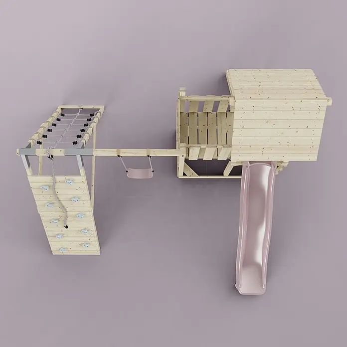 OutdoorToys Kinderspielturm Farö - L x B x H: 364 x 357 x 273 cm, Rosa - Hölzernes Spielgerät mit Kletterwand, Kletternetz, rosa Schaukel, Spielhaus und rosa Rutsche.