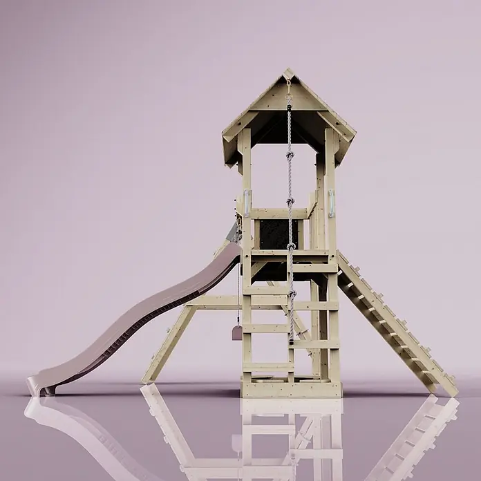 OutdoorToys Kinderspielturm Farö - L x B x H: 364 x 357 x 273 cm, Rosa - Hölzerner Spielturm mit Giebeldach, geschwungener brauner Rutsche, Seilleiter und Holzleiter.