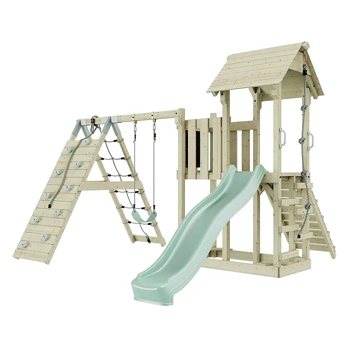 OutdoorToys Kinderspielturm Farö Kinderschaukel; - Holz, Grün - Hölzernes Kinderspielhaus mit hellgrüner Rutsche, Kletterwand mit Seil, Strickleiter und Schaukel. Mit Spielturm und Dach.