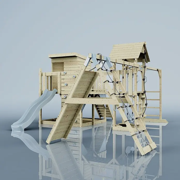 OutdoorToys Kinderspielturm Polarplay Lars - L x B x H: 562 x 503 x 274 cm, Blau - Hölzernes Outdoor-Spielset mit grauer Rutsche, Kletterwand mit weißen Griffen und Kletternetz.