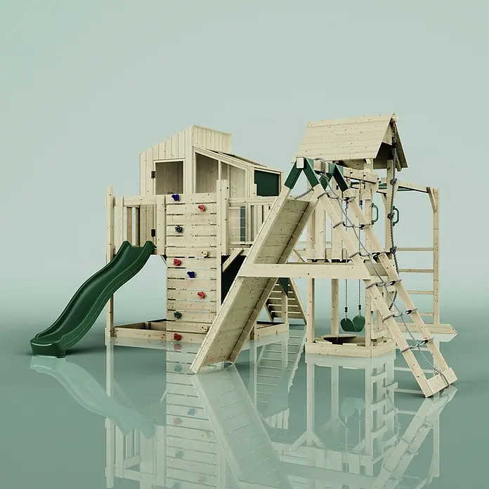OutdoorToys Kinderspielturm Polarplay Tammo - L x B x H: 490 x 503 x 291 cm, Grün - Spielturm aus Naturholz mit grüner Rutsche, Kletterwand mit bunten Griffen, Kletternetz und zwei grünen Schaukeln für Kinderspiele im Freien.