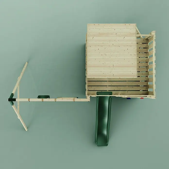 OutdoorToys Kinderspielturm Björn - L x B x H: 396 x 415 x 261 cm, Grün - Blick von oben auf ein helles Holzspielhaus mit grüner Rutsche und angebautem Schaukelgestell mit zwei grünen Schaukeln.
