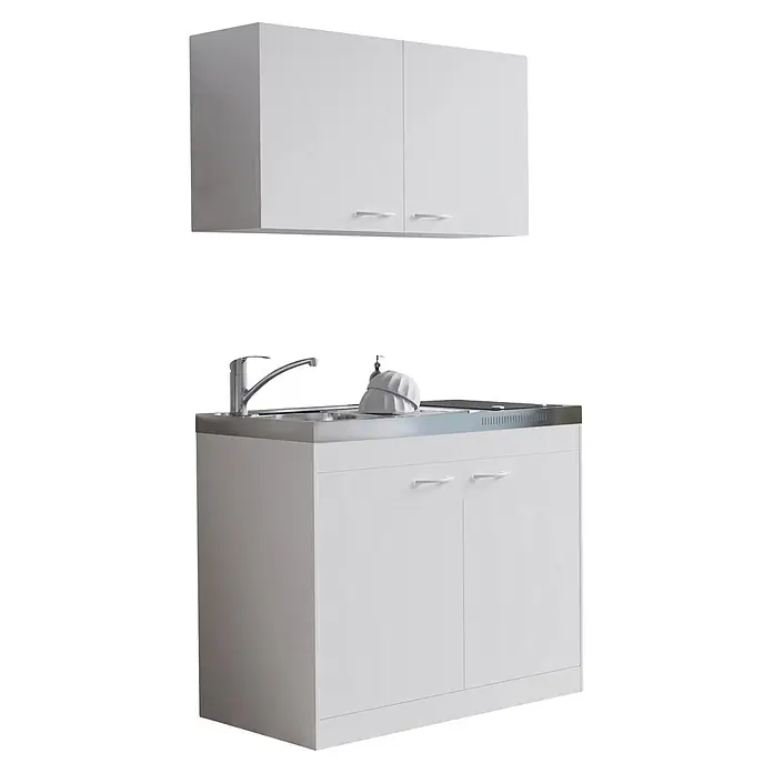 Respekta Miniküche Levin - Breite: 100 cm, Weiß, Mit Glaskeramikkochfeld - Weißes Küchenschrank-Set mit Oberschrank und Unterschrank mit integrierter Edelstahlspüle und Wasserhahn.