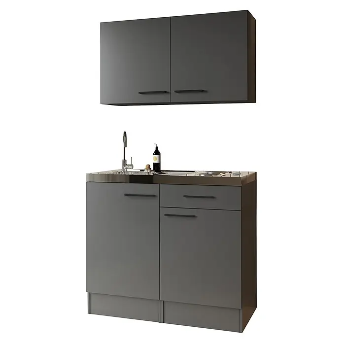 Respekta Miniküche Oliver - Breite: 100 cm, Grau, Mit Duo-Kochmulde, Mit Oberschrank - Anthrazitfarbene Küchenzeile: Oberschrank, Unterschrank mit Edelstahlspüle & Kochfeld.
