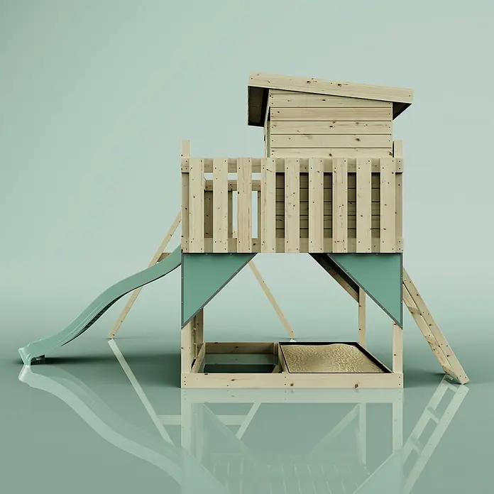 OutdoorToys Kinderspielturm Tjorven - L x B x H: 306 x 415 x 260 cm, Grün - Hölzernes Kinderspielhaus mit hellgrüner Rutsche und integriertem Sandkasten.