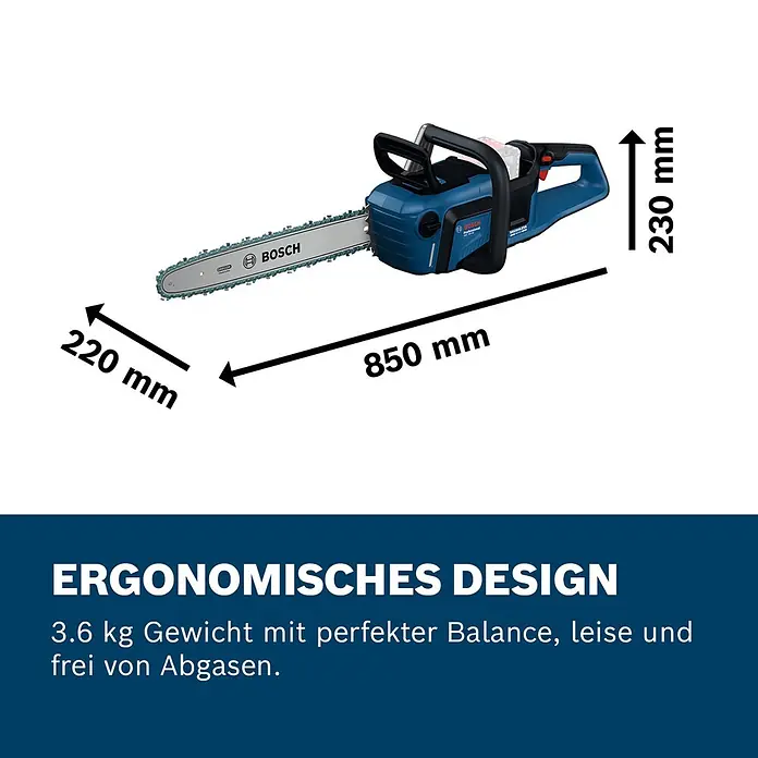 Bosch Professional AMPShare 18V Akku-Kettensäge GKE 18V-40 - 18 V, Li-Ionen, Ohne Akku, Schwertlänge: 40 cm - Blaue Bosch Akku-Kettensäge, 850 mm lang, 230 mm hoch, 3,6 kg schwer.