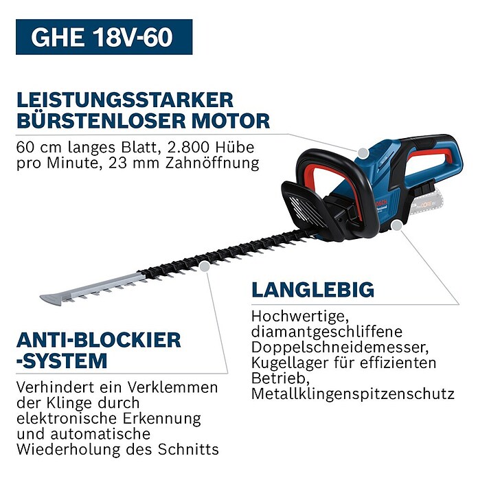 Bosch Professional AMPShare 18V Cortasetos de batería GHE 18V-60 II (18 V, Sin batería, Longitud de la cuchilla: 60 cm) | BAUHAUS