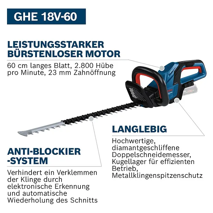 Bosch Professional AMPShare 18V Akku-Heckenschere GHE 18V-60 II - 18 V, Ohne Akku, Schwertlänge: 60 cm - Blauer und schwarzer Bosch GHE 18V-60 Akku-Heckenschneider mit langer Klinge.