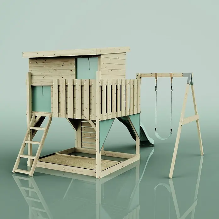OutdoorToys Kinderspielturm Tjorven - L x B x H: 306 x 415 x 260 cm, Grün - Spielhaus aus Holz mit erhöhter Plattform, Rutsche und Schaukelanbau. Natürliches Holz und hellgrüne Akzente.