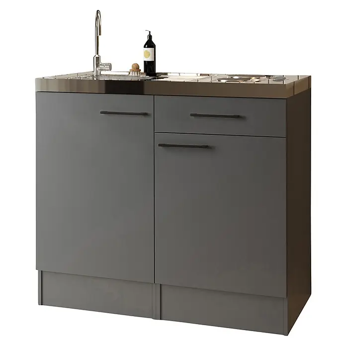 Respekta Miniküche Oliver - Breite: 100 cm, Grau, Mit Duo-Kochmulde - Grauer Unterschrank mit Edelstahl-Arbeitsplatte, integrierter Spüle und Wasserhahn. Mit dunklen Griffen an Türen und Schubladen.