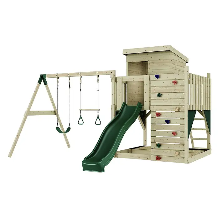 OutdoorToys Kinderspielturm Björn - L x B x H: 396 x 415 x 261 cm, Grün - Hölzernes Outdoor-Spielset mit grüner Rutsche, zwei Schaukeln und Kletterwand.