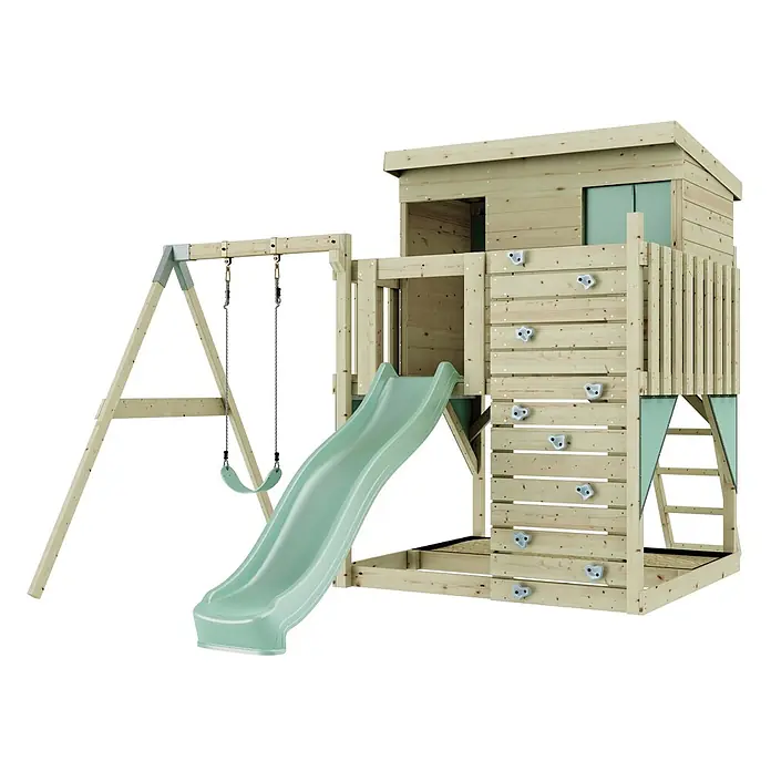 OutdoorToys Kinderspielturm Tjorven - L x B x H: 306 x 415 x 260 cm, Grün - Holzspielplatz mit grüner Rutsche, zwei Schaukeln, Kletterwand und Spielhaus.