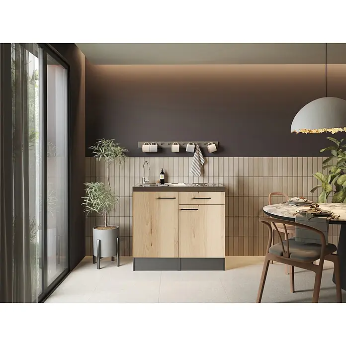 Respekta Miniküche Oliver - Breite: 100 cm, Artisan Eiche Nachbildung, Mit Duo-Kochmulde - Kompakte Küchenzeile mit hellen Holzschränken, dunkler Arbeitsplatte mit integrierter Spüle und Kochfeld, in modernem Interieur.