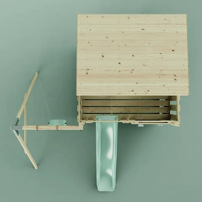 OutdoorToys Kinderspielturm Tjorven - L x B x H: 306 x 415 x 260 cm, Grün - Hölzernes Spielhaus von oben mit transparenter grüner Rutsche und kleiner grüner Schaukel.