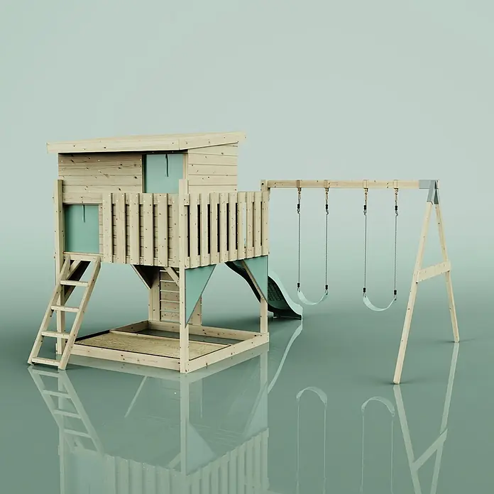 OutdoorToys Kinderspielturm Nils - L x B x H: 396 x 415 x 260 cm, Grün - Hölzernes Spielhaus mit Rutsche, Schaukeln und Sandkasten. Aus Naturholz mit hellgrünen Akzenten.