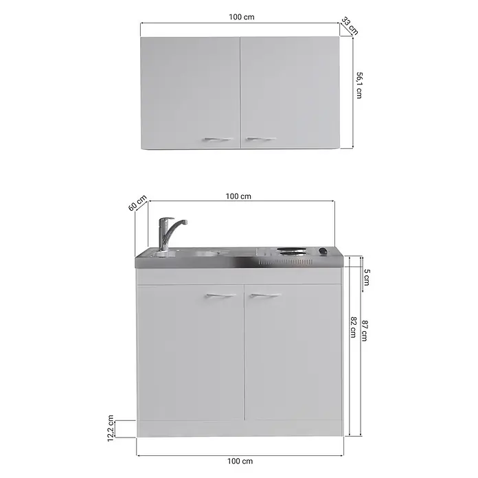 Respekta Miniküche Levin - Breite: 100 cm, Weiß, Mit Duo-Kochmulde - Weißer Küchenschrank mit Spüle, Kochfeld und Hängeschrank.