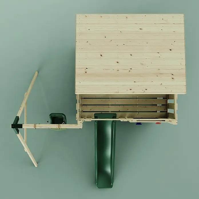 OutdoorToys Kinderspielturm Tjorven - L x B x H: 306 x 415 x 260 cm, Grün - Hölzernes Spielset mit grüner Rutsche und grüner Schaukel, von oben gesehen.