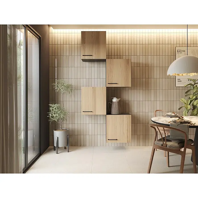 Respekta Oliver Küchen-Hängeschrank - Breite: 50 cm, Artisan Eiche - Moderner Essbereich mit hellbeigen vertikalen Wandfliesen und gestaffelten Holz-Wandschränken.