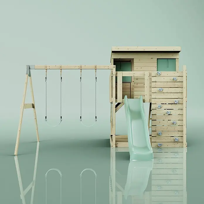 OutdoorToys Kinderspielturm Nils - L x B x H: 396 x 415 x 260 cm, Grün - Hölzernes Kinderspielplatz-Set mit zwei Schaukeln, hellgrüner Rutsche und Kletterwand an einem Spielhaus.