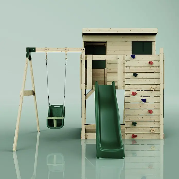 OutdoorToys Kinderspielturm Tjorven - L x B x H: 306 x 415 x 260 cm, Grün - Hölzernes Spielhaus mit grüner Rutsche, grüner Babyschaukel und Kletterwand mit bunten Griffen.
