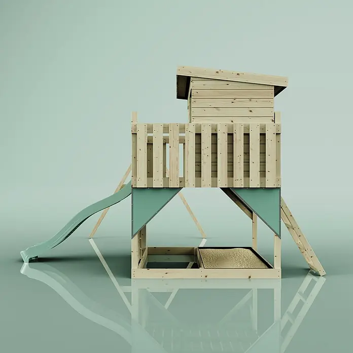 OutdoorToys Kinderspielturm Nils - L x B x H: 396 x 415 x 260 cm, Grün - Hölzernes Spielhaus mit hellgrüner Rutsche, erhöhter Struktur und integriertem Sandkasten. Aus Naturholz mit türkisen Akzenten.