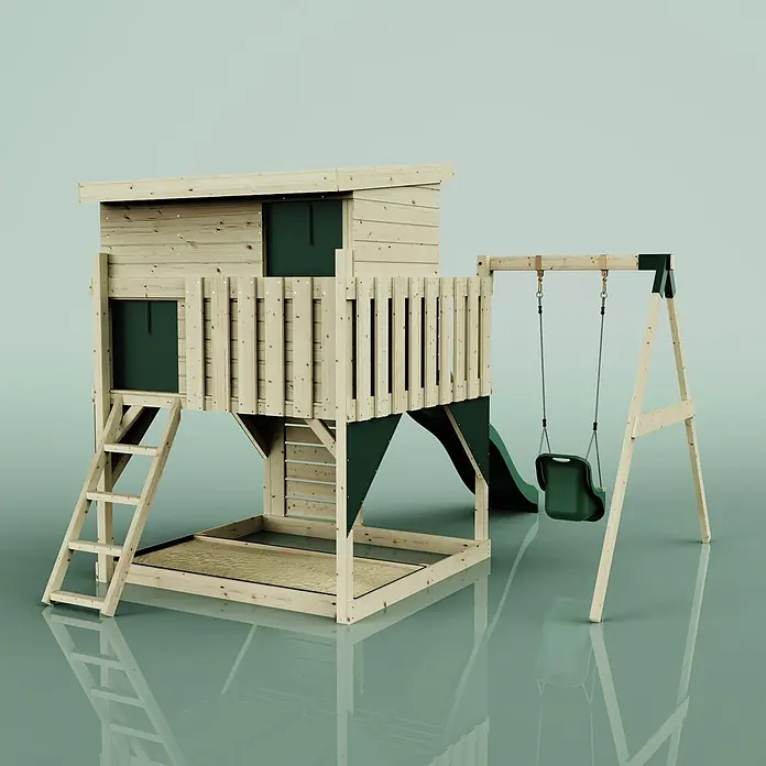 OutdoorToys Kinderspielturm Tjorven - L x B x H: 306 x 415 x 260 cm, Grün - Kinderspielhaus aus Holz mit Sandkasten, Rutsche und Schaukel. Naturholz mit dunkelgrünen Akzenten für den Außenbereich.