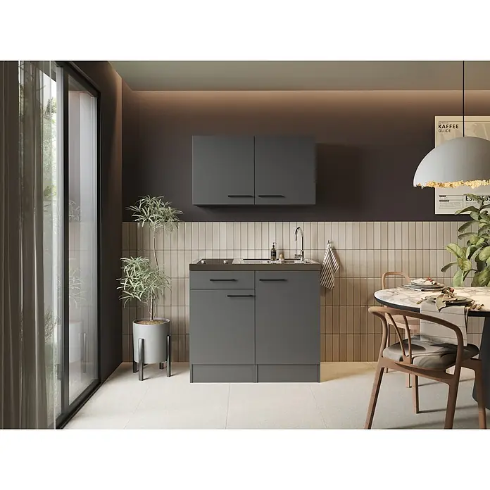 Respekta Miniküche Oliver - Breite: 100 cm, Grau, Mit Glaskeramikkochfeld, Mit Oberschrank - Dunkelgraue Kompaktküchenzeile mit Spüle, Kochfeld und Hänge- sowie Unterschränken.