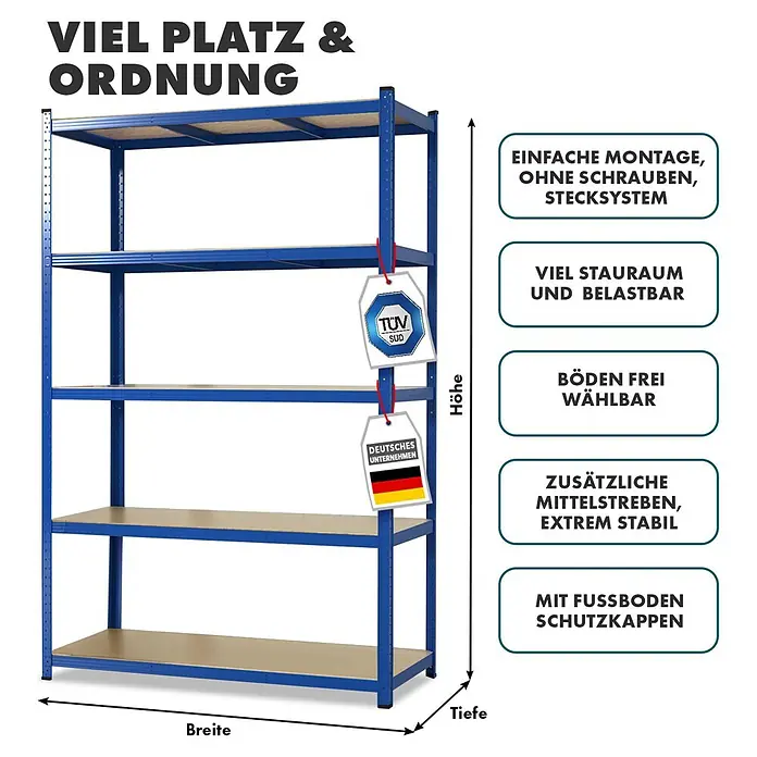 Floordirekt Schwerlastregal Titanrack - H x B x T: 180 x 90 x 60 cm, Traglast pro Boden: 175 kg, Anzahl Böden: 5 Stk., Stecken, Blau - Ein blaues Metallregal mit 5 Holzböden zur Lagerung und Organisation.