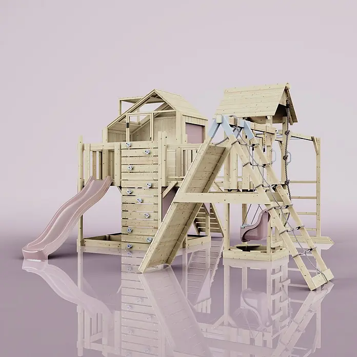OutdoorToys Kinderspielturm Polarplay Bo - L x B x H: 490 x 503 x 291 cm, Rosa - Multifunktionaler Holzspielplatz aus hellem Holz mit rosa Rutsche, Kletterwand, Seilnetz und Schaukel.